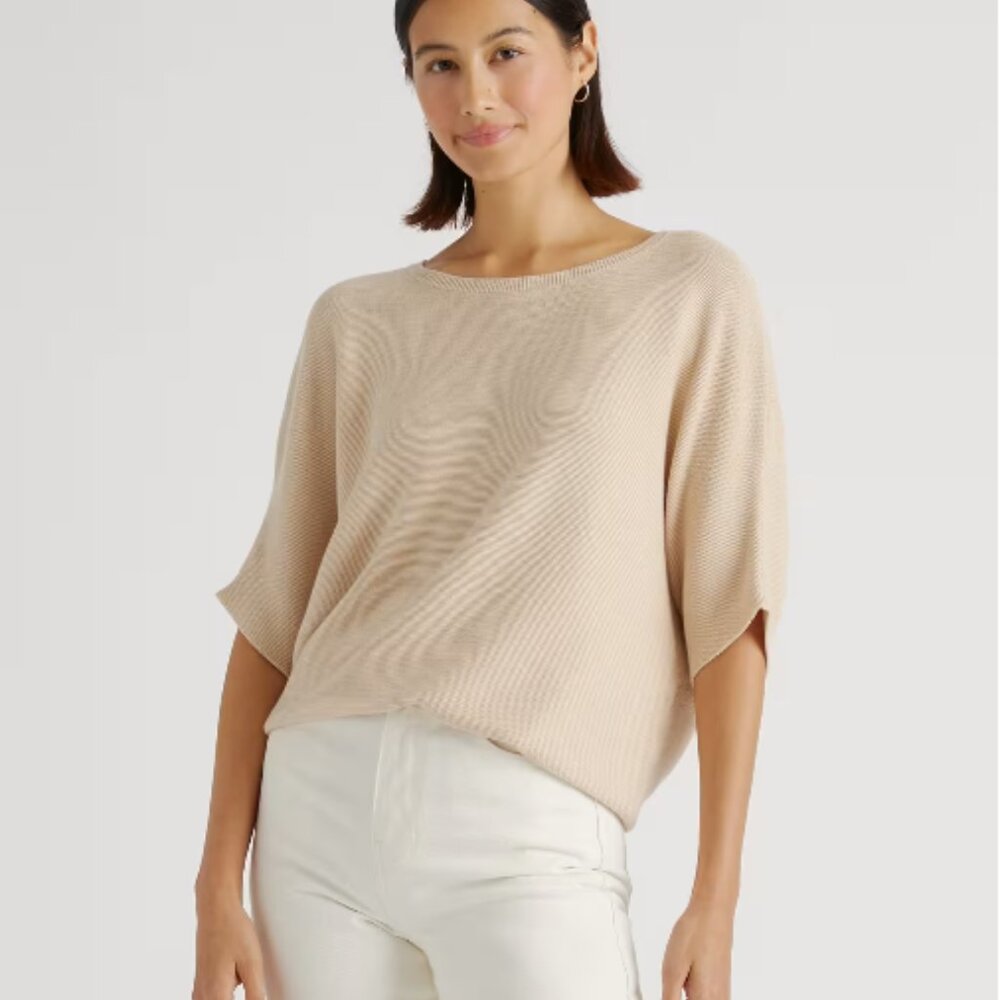 Quince Lightweight Cotton Cashmere Link-Stitch Dolman Sweater Sz L